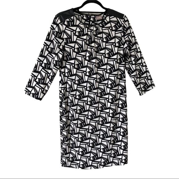 Chico's Dresses & Skirts - Chico’s Black/White Abstract Pattern‎ Faux Leather Trim Shift Dress Size Small